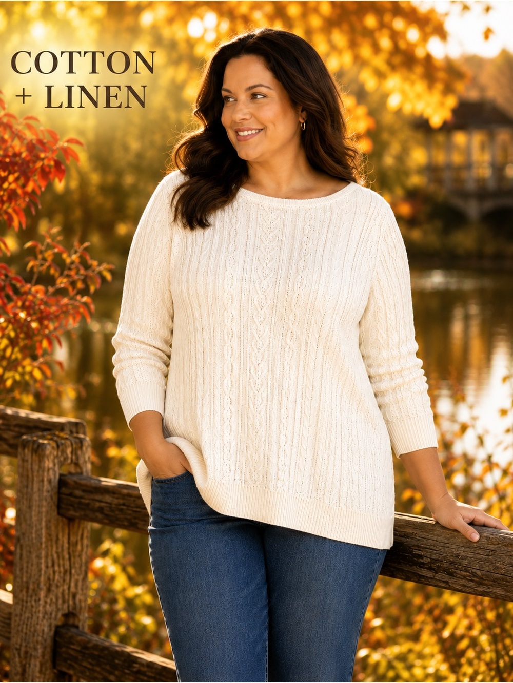 Lauren Ralph Lauren Cotton Linen Cable Knit Tunic Sweater XL Cream